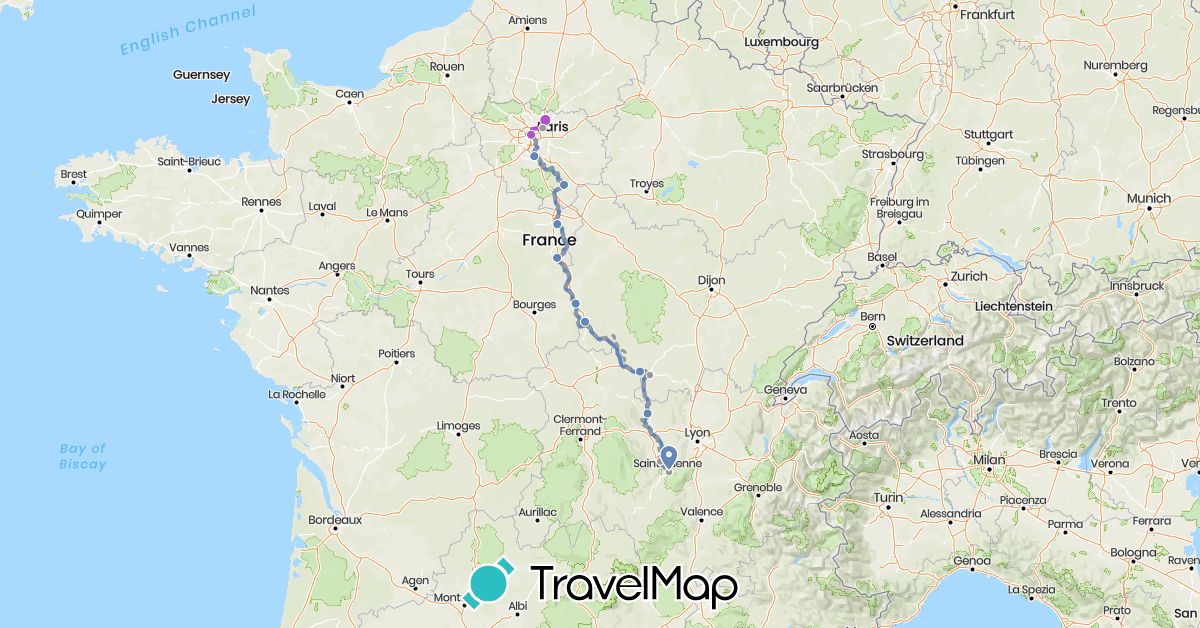 TravelMap itinerary: driving, cycling, train, prévisionnel in France (Europe)
