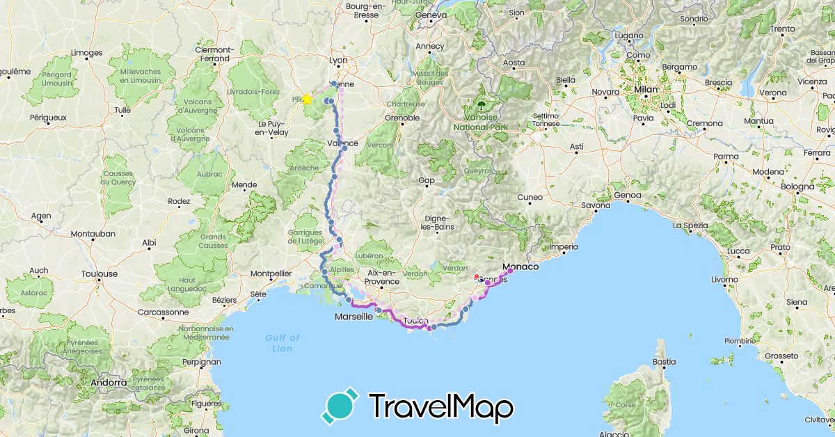 TravelMap itinerary: driving, cycling, train, hiking, train back in France (Europe)