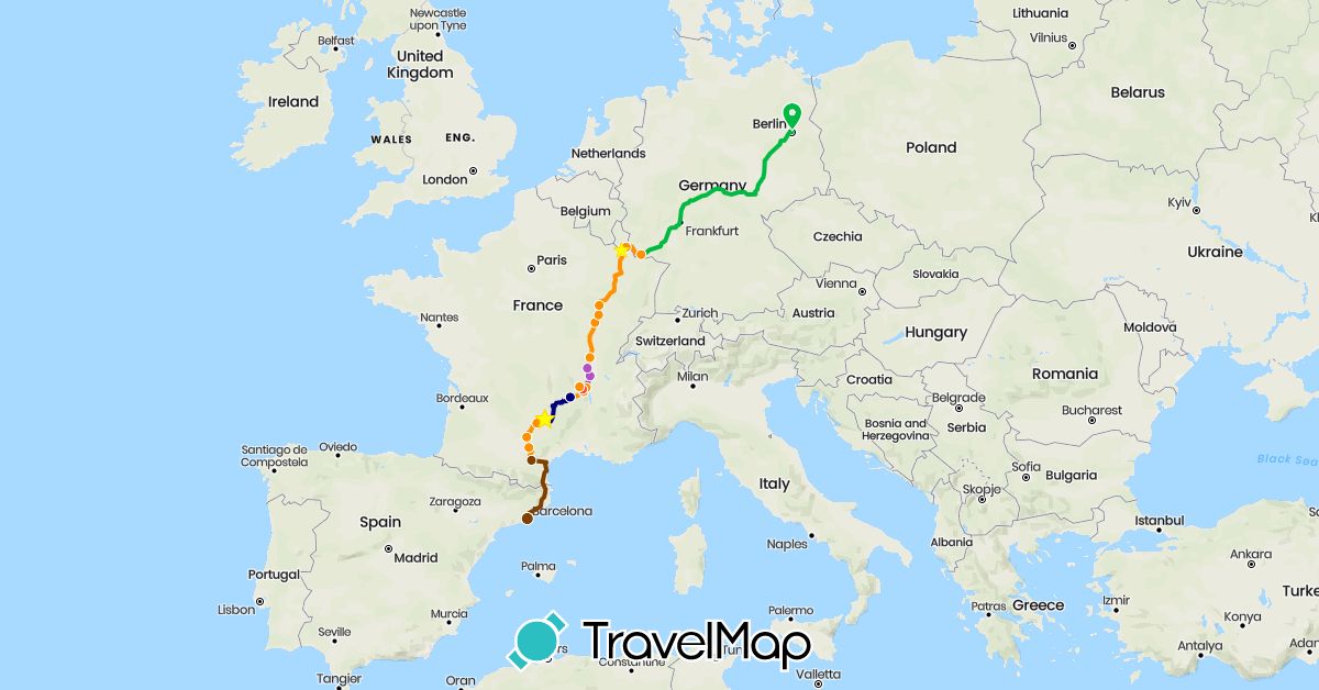 TravelMap itinerary: driving, bus, train, hiking, hitchhiking, car sharing in Germany, Spain, France (Europe)