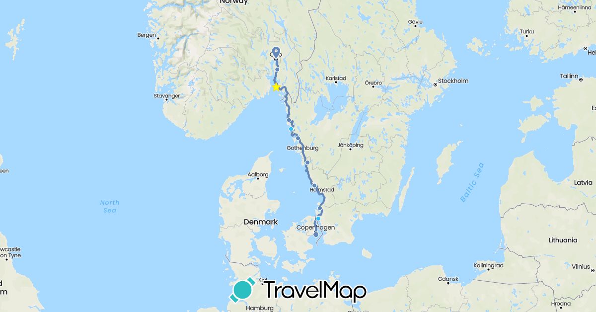 TravelMap itinerary: cycling, boat in Denmark, Norway, Sweden (Europe)
